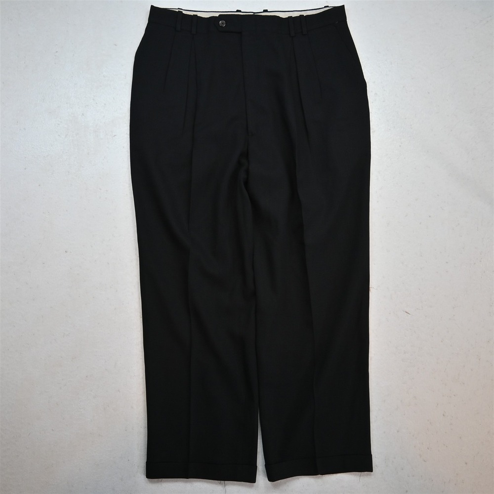 Vtg Y2K 2000s 33x28 Black 100% Wool Pleated Cuffed Baggy USA Made Mens Pants